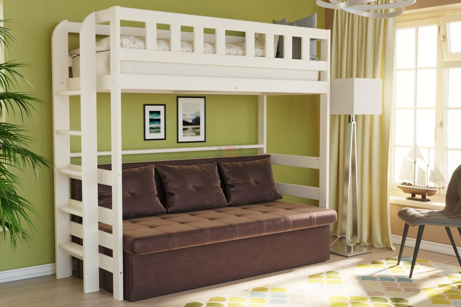 Кровать с двумя ярусами и диваном внизу: разновидности, описание и плюсы использования